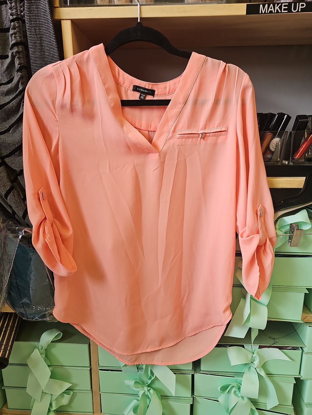 Dynamite Peach V-Neck Roll-Tab Sleeve Blouse - Picture 2 of 4
